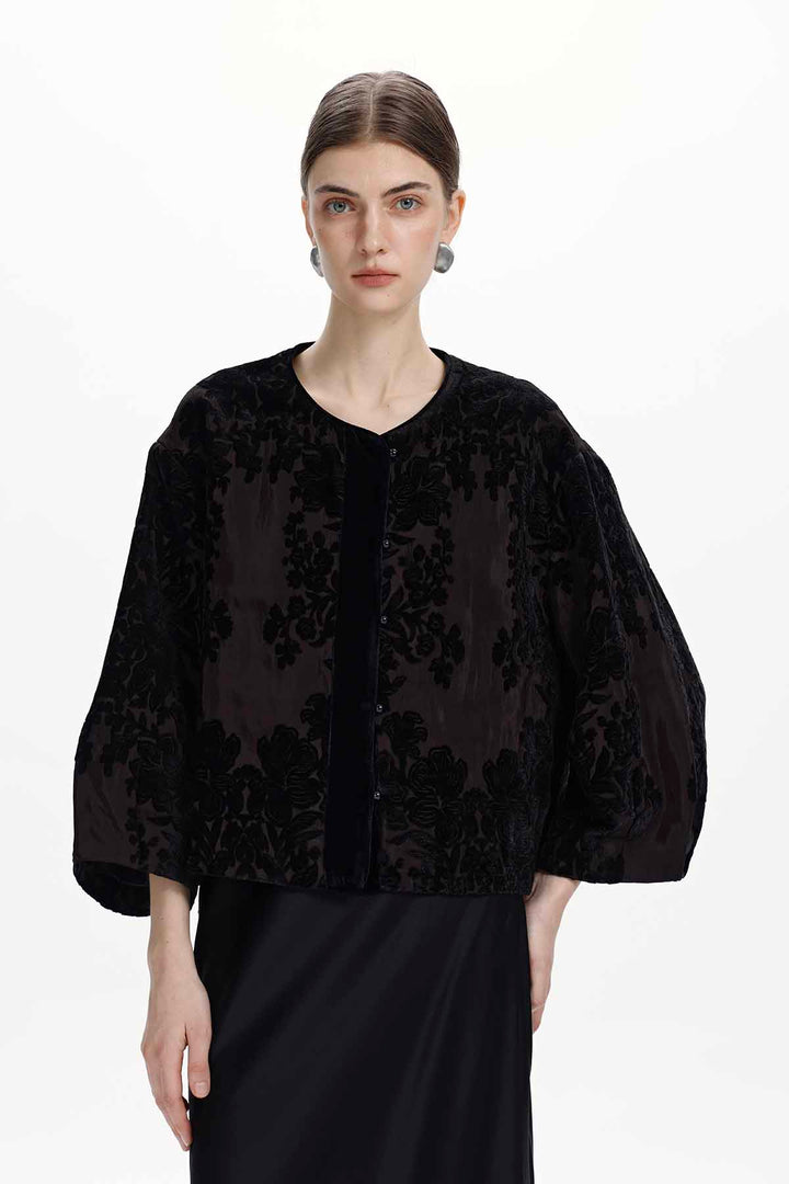 Yvette Floral Burnout Velvet Cape Jacket
