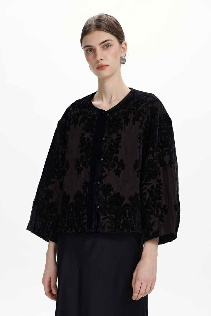 Yvette Floral Burnout Velvet Cape Jacket