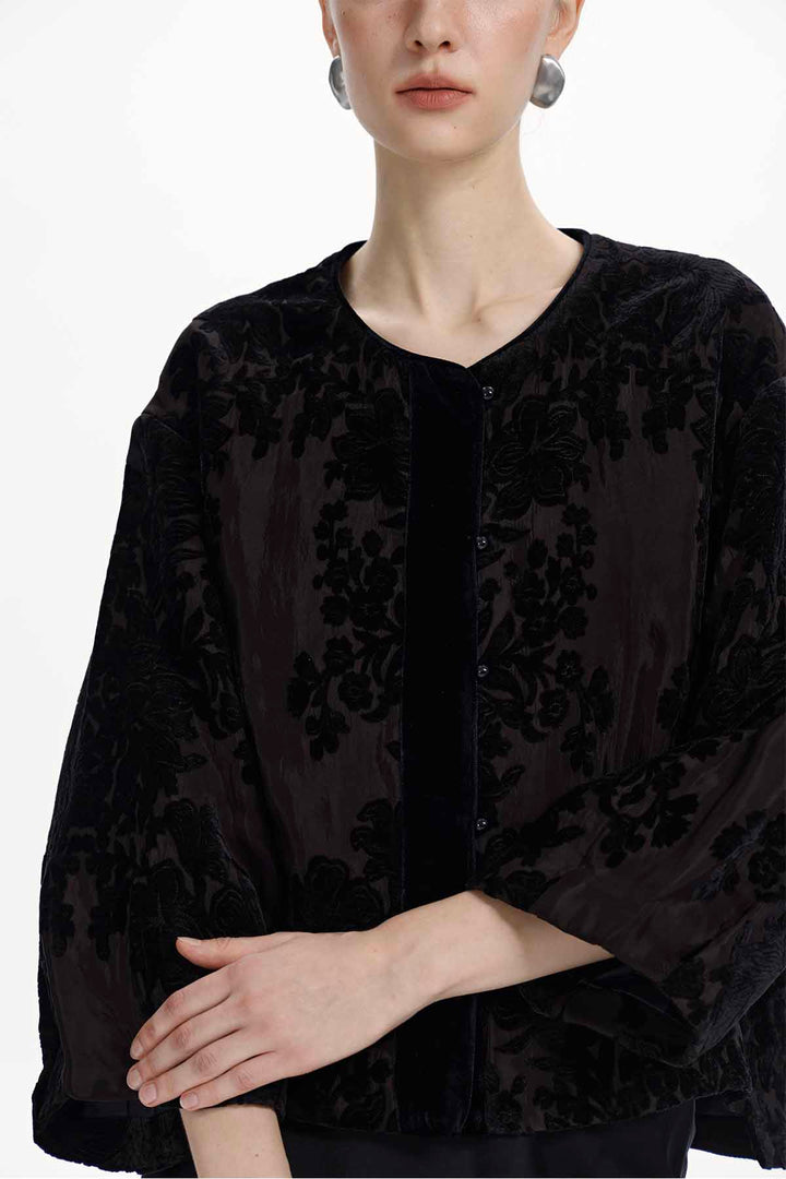 Yvette Floral Burnout Velvet Cape Jacket