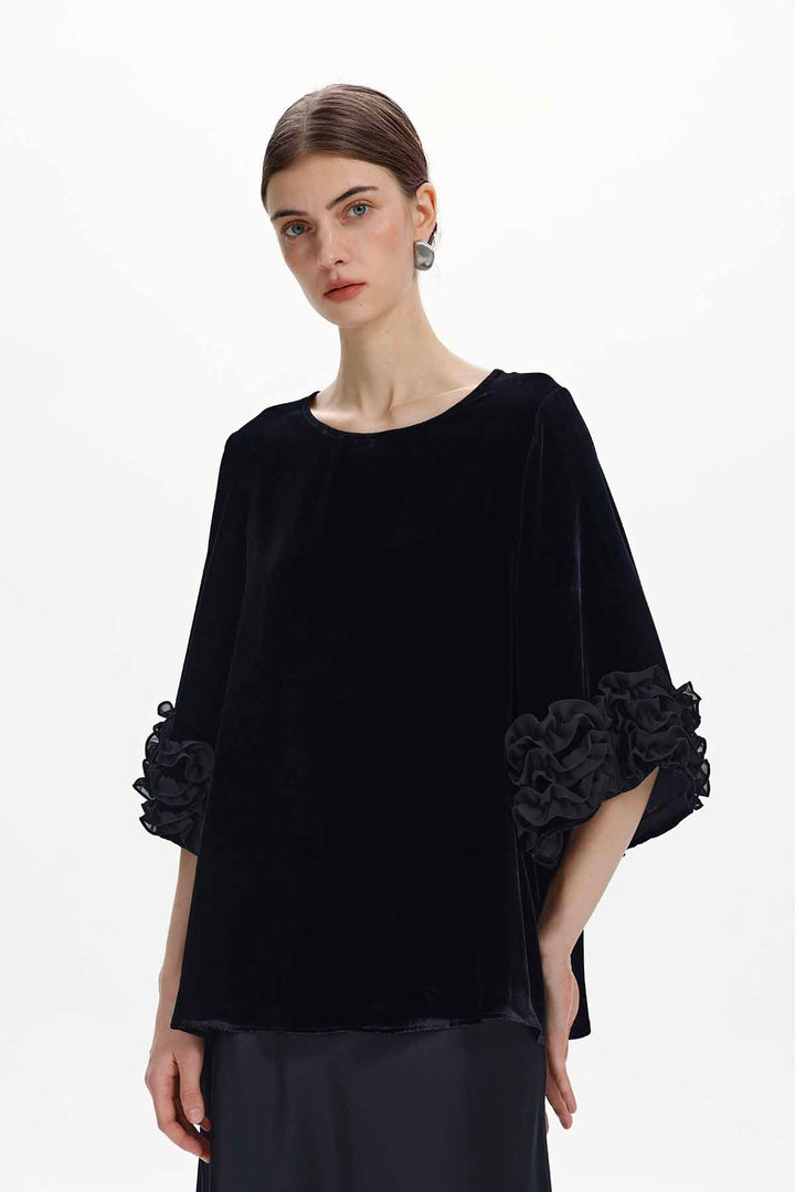Lisette Floral-Cuff Velvet Top