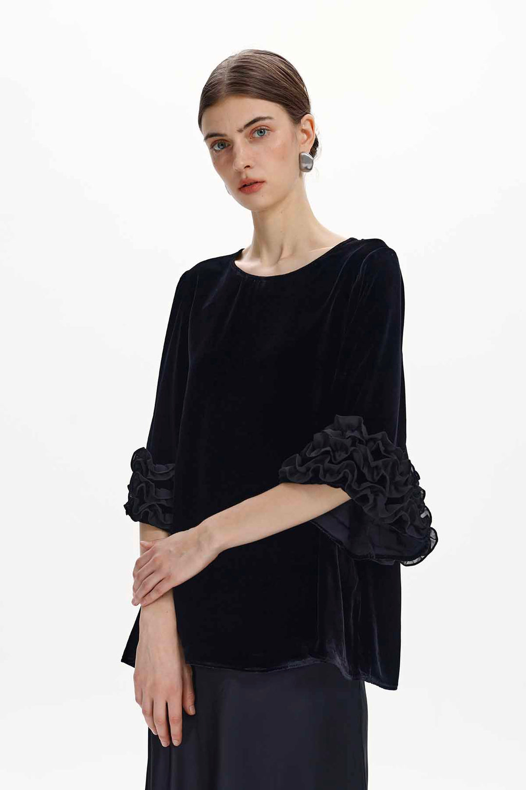 Lisette Floral-Cuff Velvet Top