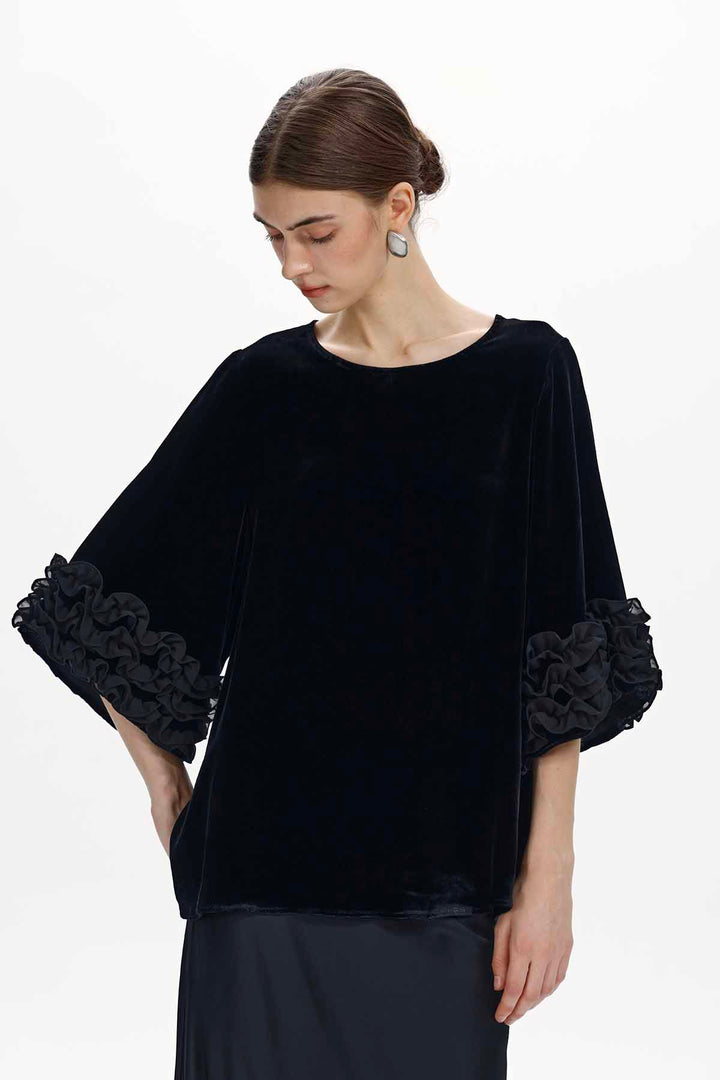 Lisette Floral-Cuff Velvet Top