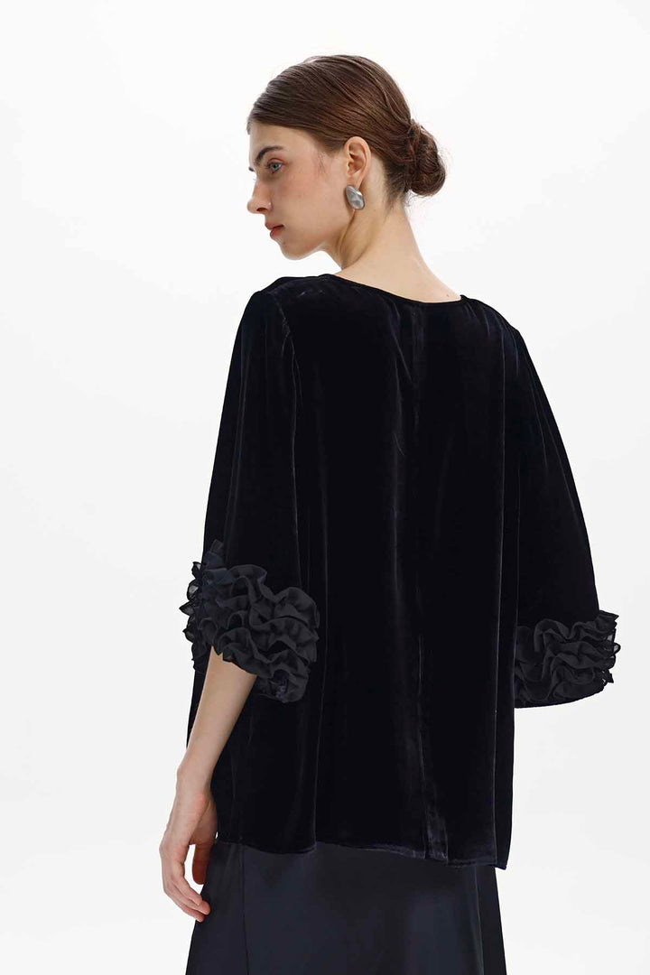 Lisette Floral-Cuff Velvet Top