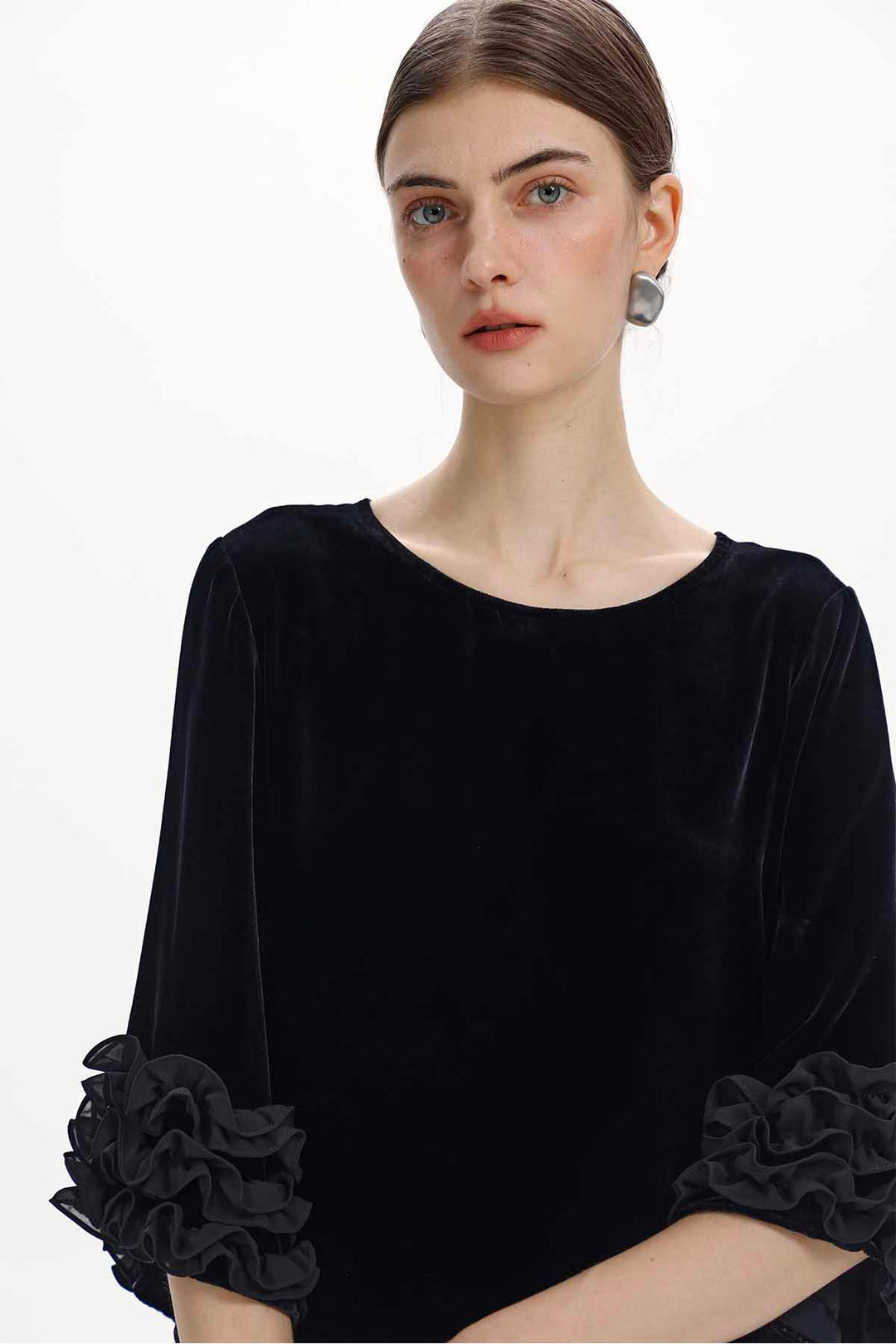 Lisette Floral-Cuff Velvet Top