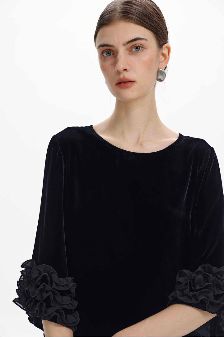 Lisette Floral-Cuff Velvet Top