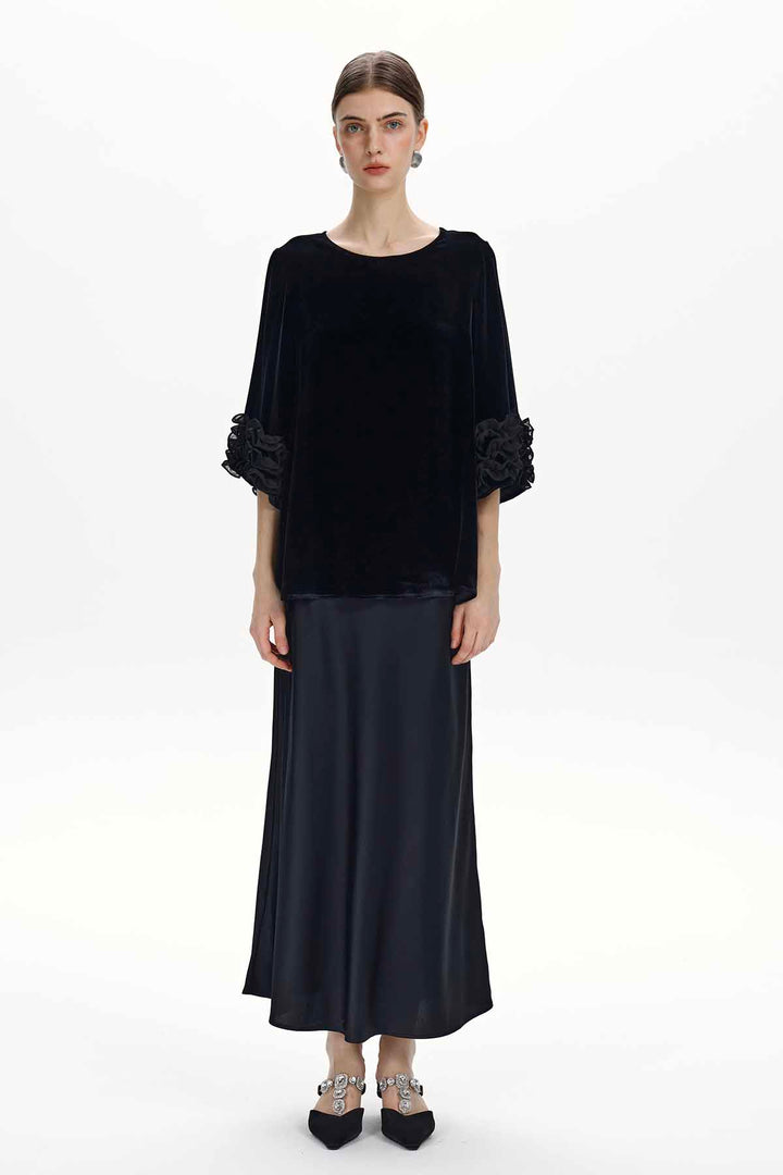 Lisette Floral-Cuff Velvet Top