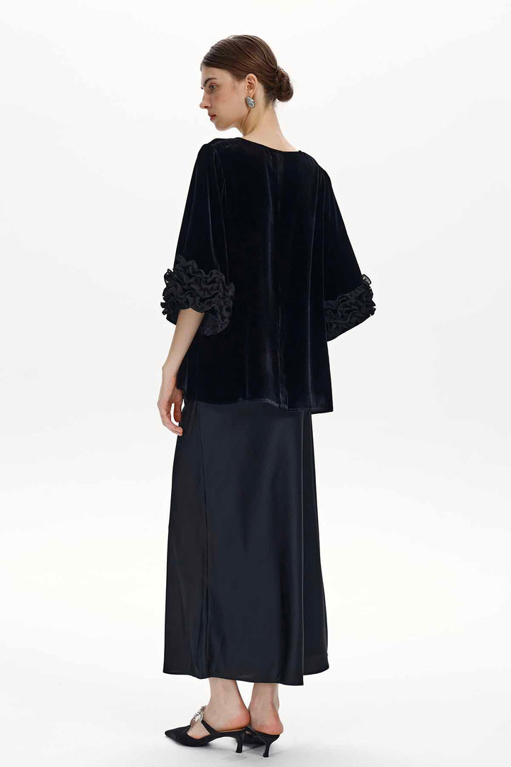 Lisette Floral-Cuff Velvet Top