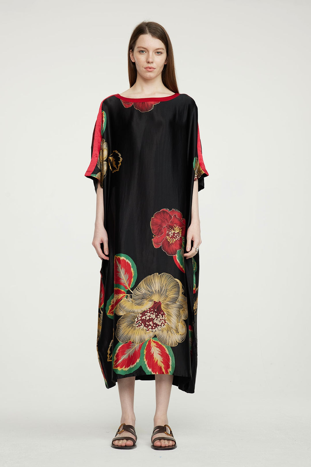 Flower Print Cozy Maxi Silk Dress - Red