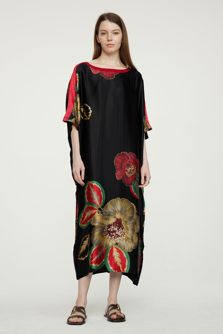 Flower Print Cozy Maxi Silk Dress