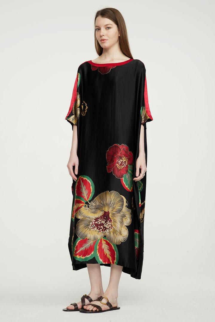 Vestido maxi de seda aconchegante com estampa floral - vermelho
