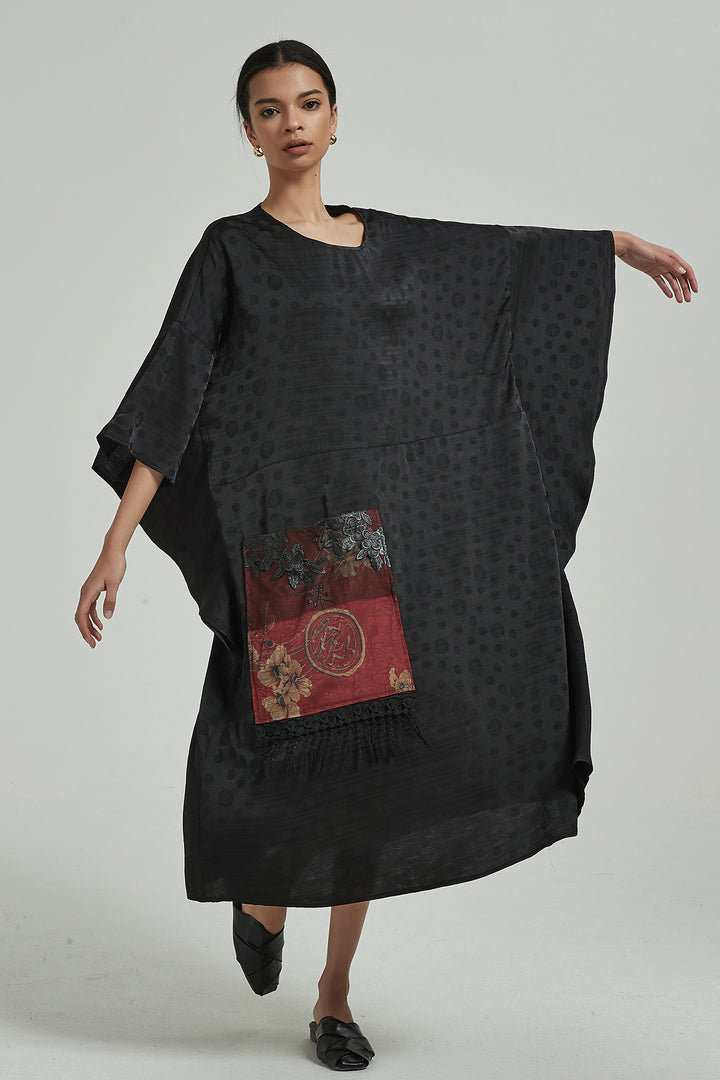 Batwing Sleeve Embroidery Pocket Oversized Maxi Dress