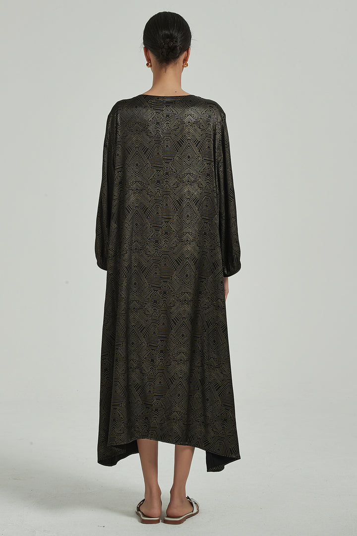 V-Neck Slim Waist Long Sleeve Quality Silk Maxi Dress