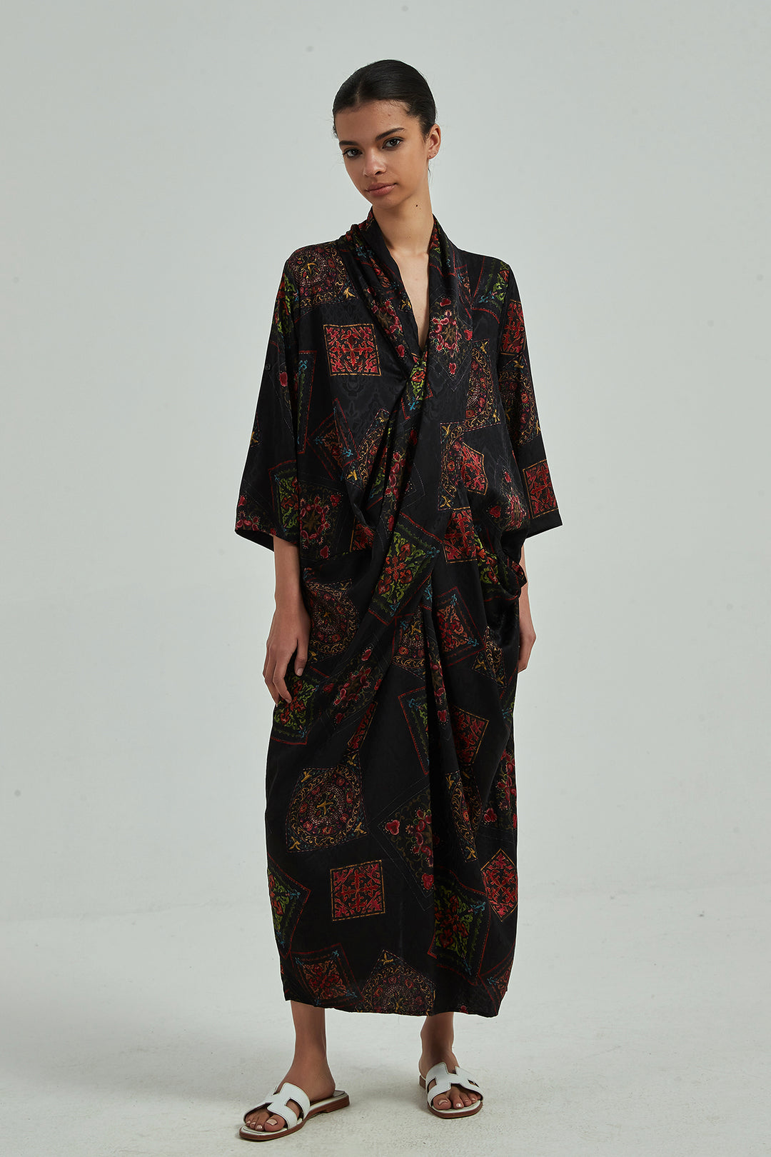 Cross Front Print Silk Maxi Dress