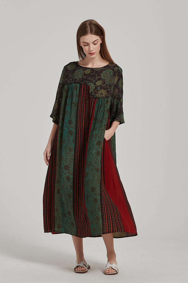 Robe longue en soie épissée à imprimé floral rétro