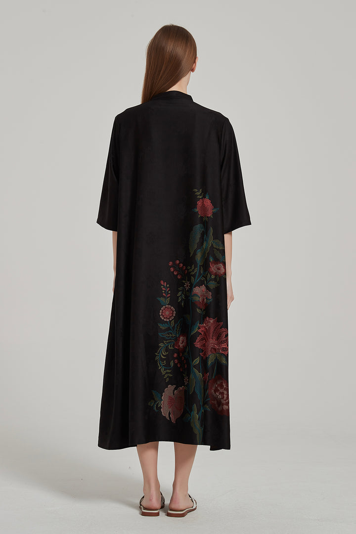 Retro Print Short Sleeve Silk Dress