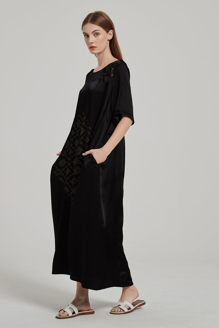 Cozy Elegant Retro Print Maxi Silk Dress