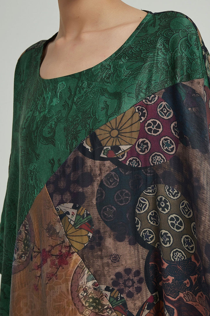 Batwing Sleeve Retro Print Casual Silk Dress